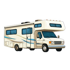 Motorhome ready for adventure on a sunny day in an open camping area surrounded by trees and hills