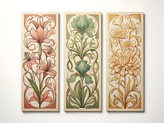 Art Nouveau Floral Triptych Lilies, Irises, and Chrysanthemums Canvas Prints