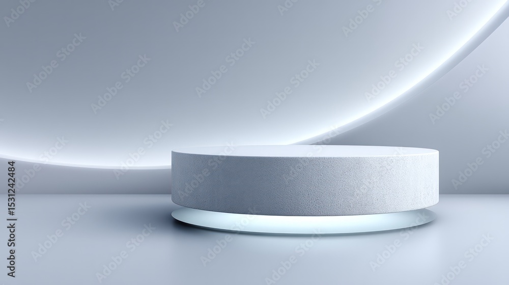 Poster white cylindrical platform with subtle curve and ambient lighting