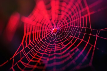 realistic macro photo of red fluorescent spider web, Beautiful web design