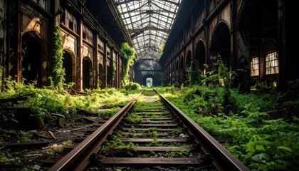 Obraz premium Forgotten Railway Track Running Through Overgrown Industrial Area