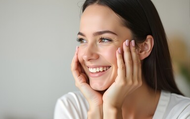 Happy beautiful girl holding her cheeks with a laugh   looking to the side. Expressive facial expressions  .Cosmetology and Spa. High quality