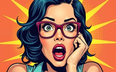 Surprised amazed young attractive happy Pop Art woman in glasses . Advertising poster or party invitation with sexy  girl  in comic style. High quality