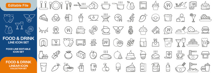 Food, Cooking and Drinks linear icon collection. Big set Food, Cooking and Drinks icons. Thin line icons collection. Vector illustration.