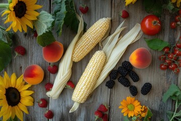 Summer harvest bounty: corn, peaches, berries, and sunflowers arranged on rustic wood.