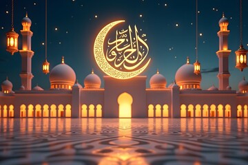 Illuminated mosque with crescent moon celebrating islamic festivals and holidays at dusk