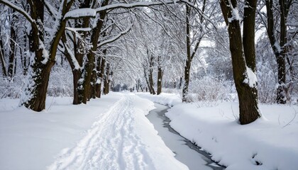 Tranquil Winter Pathway Through a Snow-Covered Forest Landscape