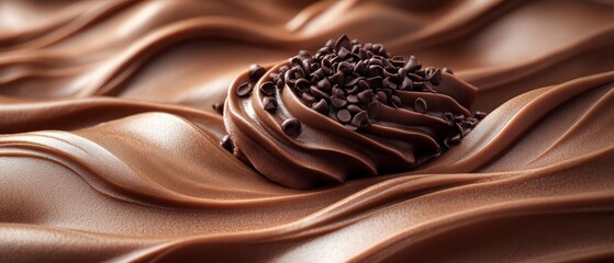 Decadent mocha mousse inspires the background. Silky brown tones and delicate cream swirls create a luxurious surface. Topped with a mound of chocolate chips. Space for text