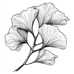 A vector art illustration presents a detailed black ink sketch of a Ginkgo Biloba branch adorned with several leaves, isolated on a clean white backdrop