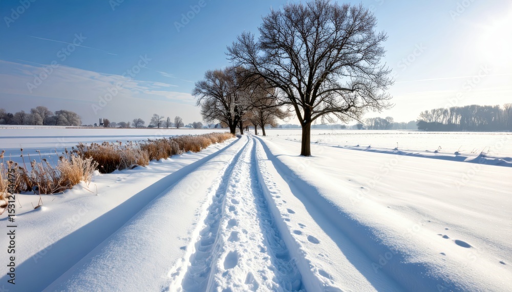 Poster serene frosty pathway through snow-covered plain with bare trees