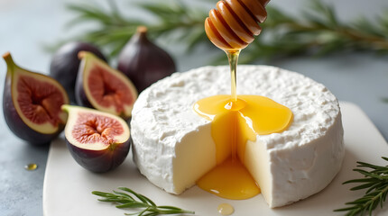 Fototapeta premium honey dripping down the cheese next to the figs