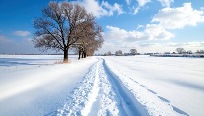 Obraz premium Serene Frozen River Pathway Through Vast Snow-Covered Landscape