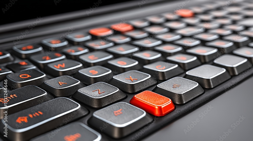 Aufkleber close-up of a black computer keyboard with red and gray keys, highlighting the red enter key