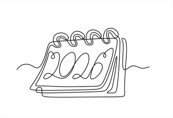 Loose-leaf calendar continuous line drawing. One line art of calendar 2026, memorable date, countdown, holiday, weekday and weekend. Hand drawn one line vector. Editable stroke	