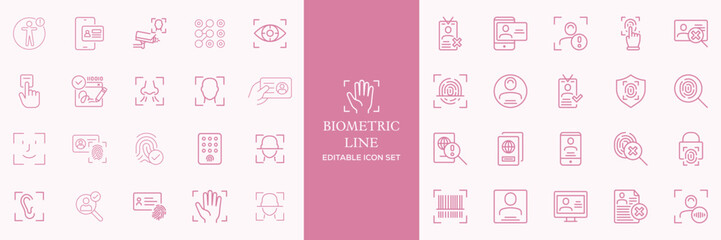 Biometric line icons set. Identity, acces, passport, id card, verification etc. Editable stroke