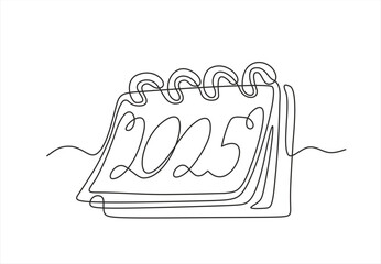 Loose-leaf calendar continuous line drawing. One line art of calendar 2025, memorable date, countdown, holiday, weekday and weekend. Hand drawn one line vector. Editable stroke	