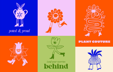 Playful surrealist flowers, houseplants and vases cartoon characters