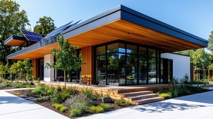 Modern house with solar panels wood siding and large windows Landscaped yard with patio and steps