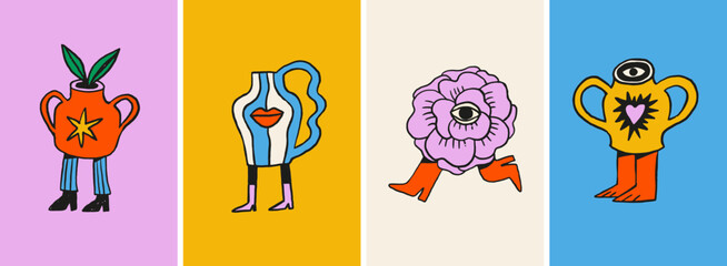 Playful surrealist flowers, houseplants and vases cartoon characters