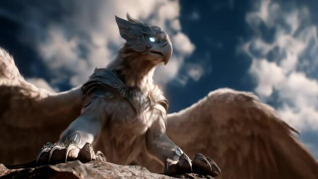 Majestic mythical griffin creature against a dramatic sky featuring a beautiful realistic digital art design