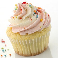 Delicious vanilla and strawberry swirl cupcake topped with colorful sprinkles