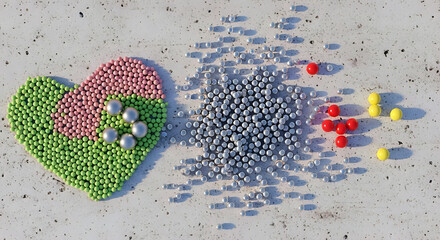 Aerial view of heart shaped arrangement of green and pink balls with silver and colored balls