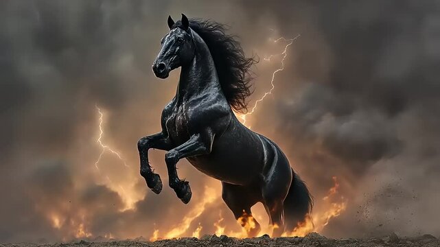 Majestic black horse rearing amidst stormy backdrop