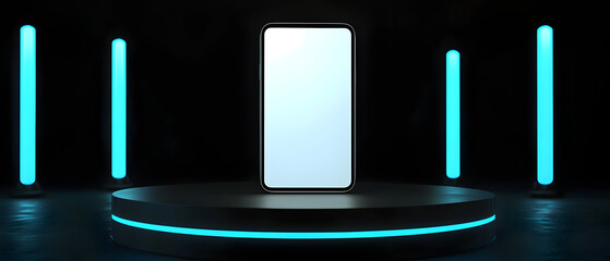 A phone is on a stand in front of a blue background