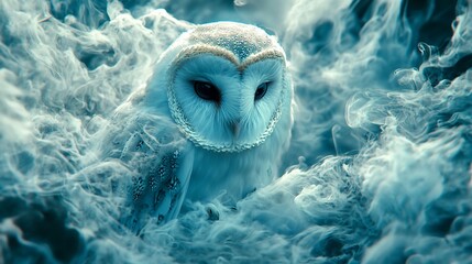 White owl in teal smoke