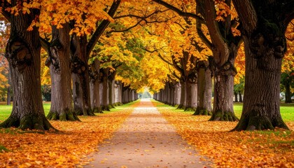 Autumn Pathway Lined with Ancient Oak Trees and Fallen Leaves