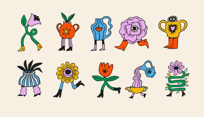 Playful surrealist flowers, houseplants and vases cartoon characters