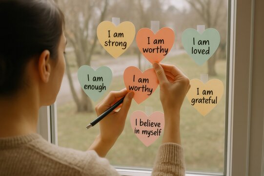 Woman attaching heart shaped sticky notes with positive affirmations like I am strong, I am worthy and I am grateful on a window