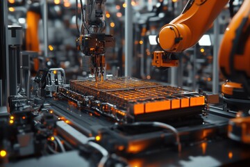 battery cells being assembled by robotic arms in factory