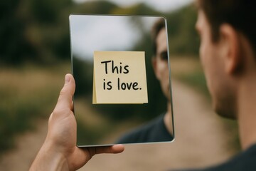 Hand holding a tablet used as a mirror, reflecting a man with a yellow note saying this is love attached