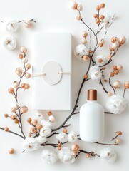 White Perfume Bottle with Flowers and Envelope Flatlay