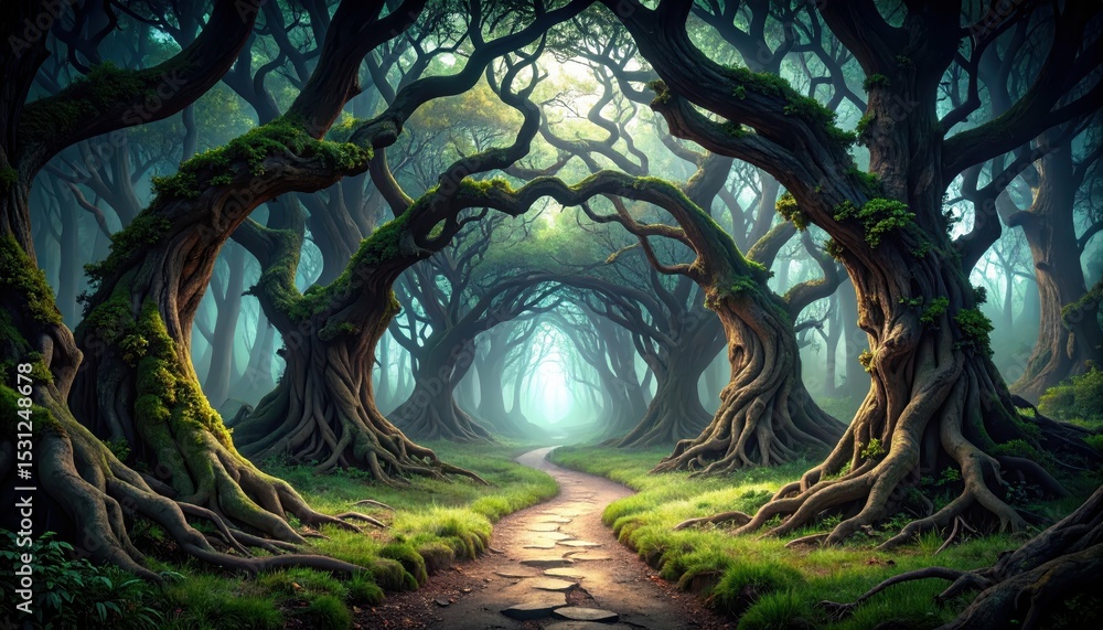 Poster hidden pathway through ancient forest of gnarled trees and twisted branches