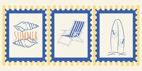 Obraz premium Hand draw summer doodles. Vector illustration of shell icon with beach element. Minimalist line art. Illustration for invitations, stationery, printable, social media