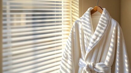 White robe hangs by window