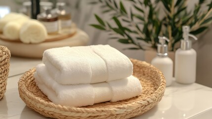 White towels in a woven basket on a bathroom counter