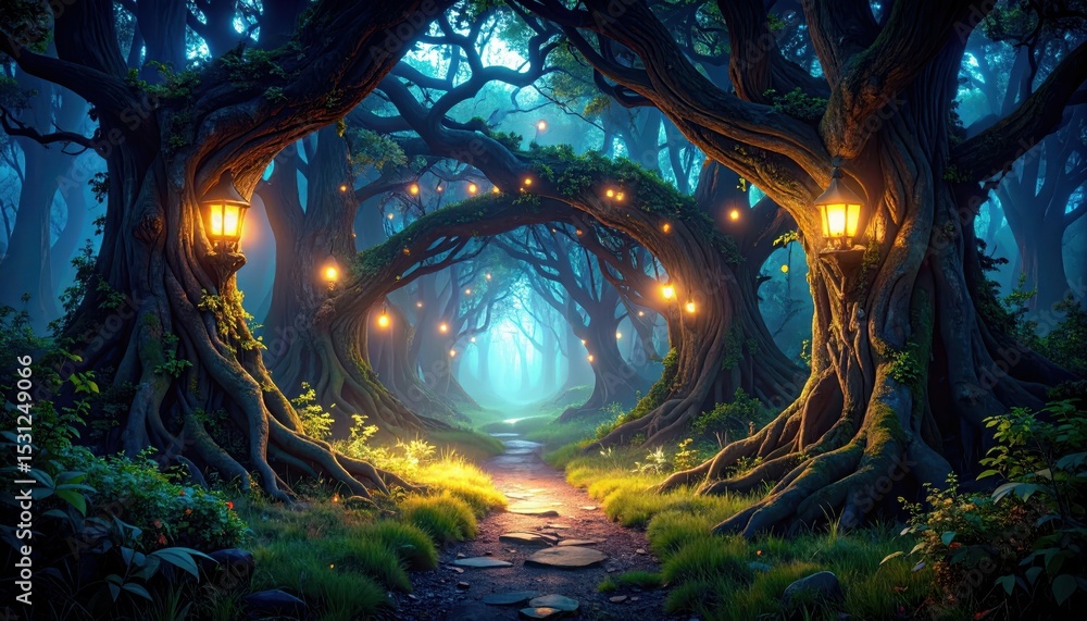 Poster enchanted pathway through ancient forest with glowing lanterns