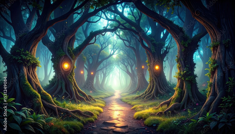 Poster enchanted pathway through ancient forest of sentient glowing trees