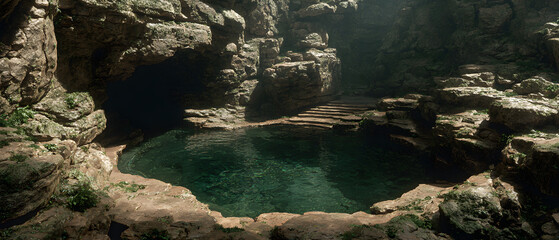A small pond is surrounded by rocks , stock photo