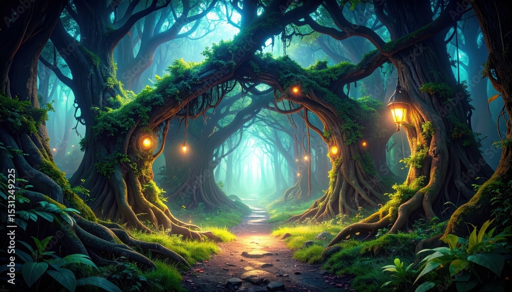 Poster enchanted pathway through an ancient forest with sentient trees