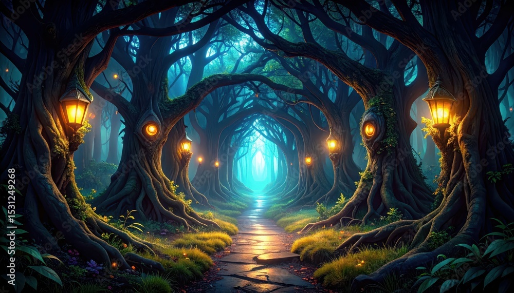 Poster enchanted pathway through a forest of ancient sentient trees