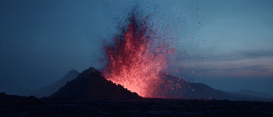 A volcano is erupting with lava and ash