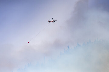Helicopter Extinguishing a Forest Fire Amid Dense Smoke in a Canadian Forest