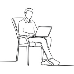 Minimalist one-line drawing of a man sitting on a chair with a laptop on his lap, working