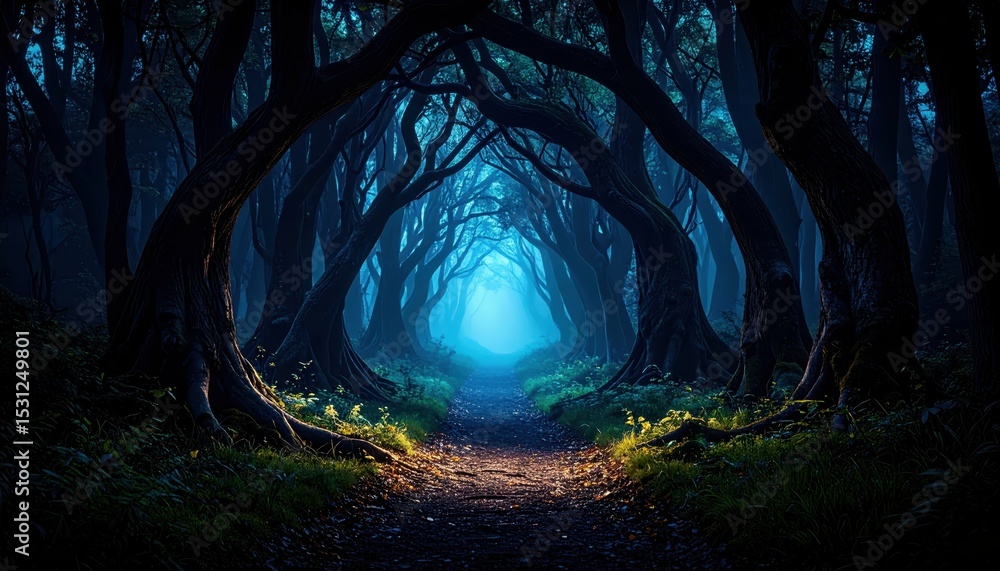 Poster hidden pathway through a forest of whispering trees and secrets