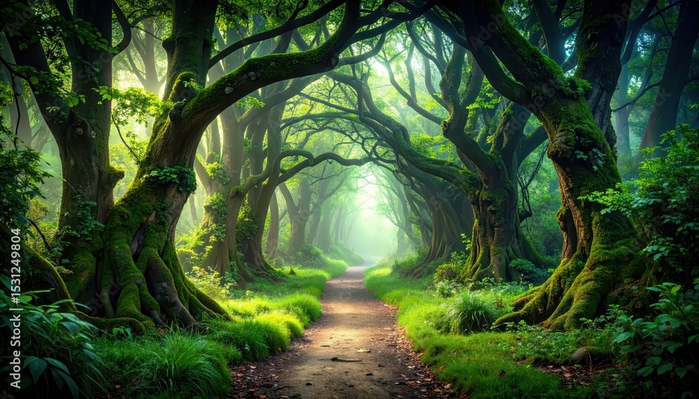 Poster hidden pathway through a forest of whispering trees and rustling leaves