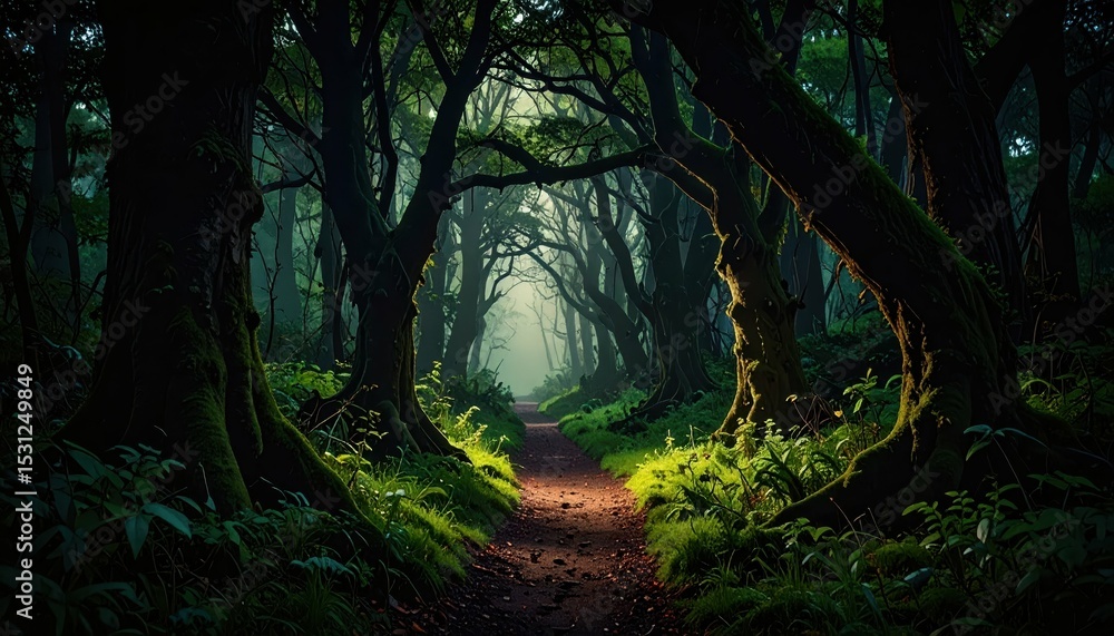 Poster hidden pathway through whispering trees and rustling leaves in forest